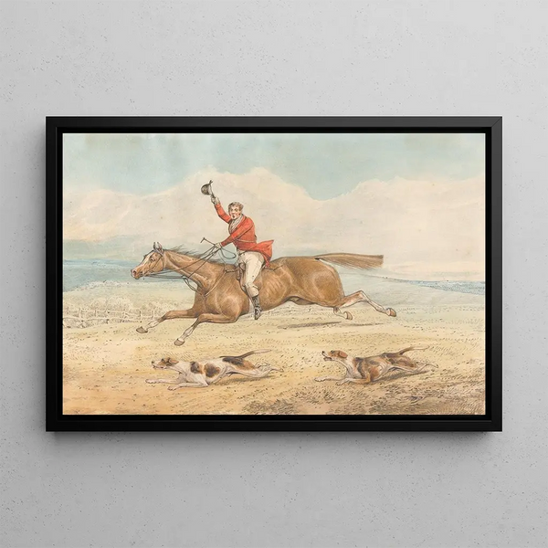 A sprinter and a couple of dogs running at full speed in the countryside - Henry Thomas Alken — framed artwork on a wall