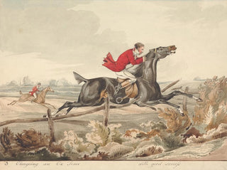 Horses qualified and unqualified riders successfully crossing a wooden barrier - Henry Thomas Alken — artwork view