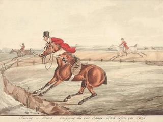 the qualified horses and unqualified riders facing a stream verifying the old proverb "Look before you leap" - Henry Thomas Alken — artwork view