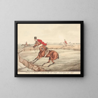 the qualified horses and unqualified riders facing a stream verifying the old proverb "Look before you leap" - Henry Thomas Alken — framed artwork on a wall