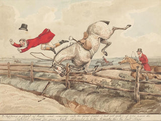 Horses qualified and unqualified riders crossing a series of bars - Henry Thomas Alken — artwork view