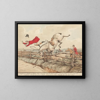 Horses qualified and unqualified riders crossing a series of bars - Henry Thomas Alken — framed artwork on a wall