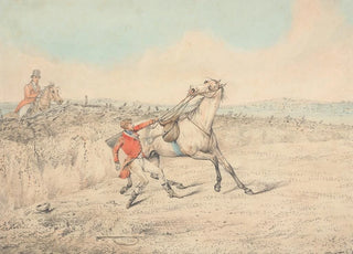 Henry Thomas Alken - Rider Holding on to a Gray Horse After a Fall.webp