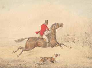 Cavalier on a brown horse preparing to jump a fence on the right - Henry Thomas Alken — artwork view