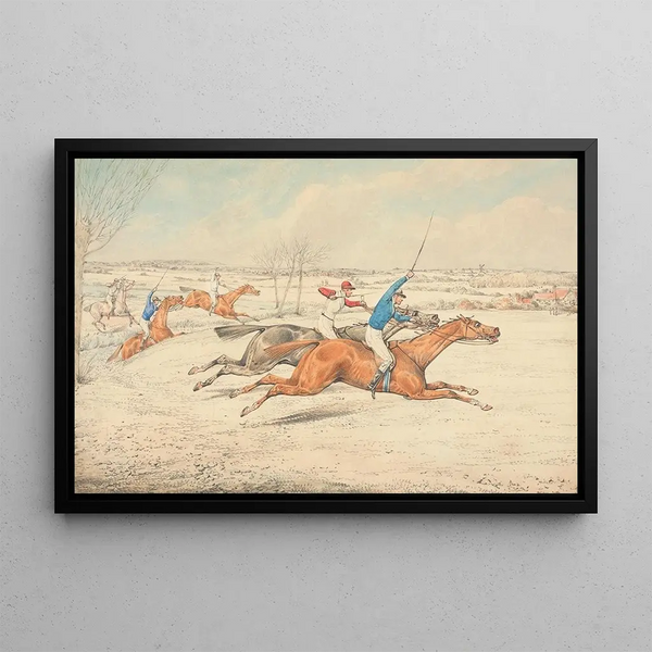 Steeplechase, Five galloping horses to the right - Henry Thomas Alken — framed artwork on a wall