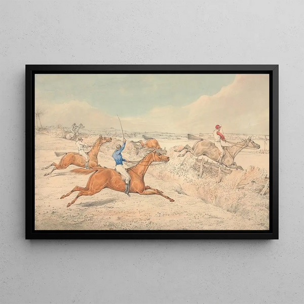 Course de Haies, Quatre Cavaliers Franchissant un Fossé et un Oxer - Henry Thomas Alken — framed artwork on a wall