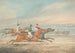 Steeplechase race painting with three galloping riders to the right, mounted spectators in the background - Henry Thomas Alken — artwork view