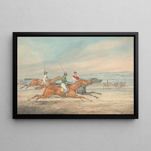 Steeplechase race painting with three galloping riders to the right, mounted spectators in the background - Henry Thomas Alken — framed artwork on a wall