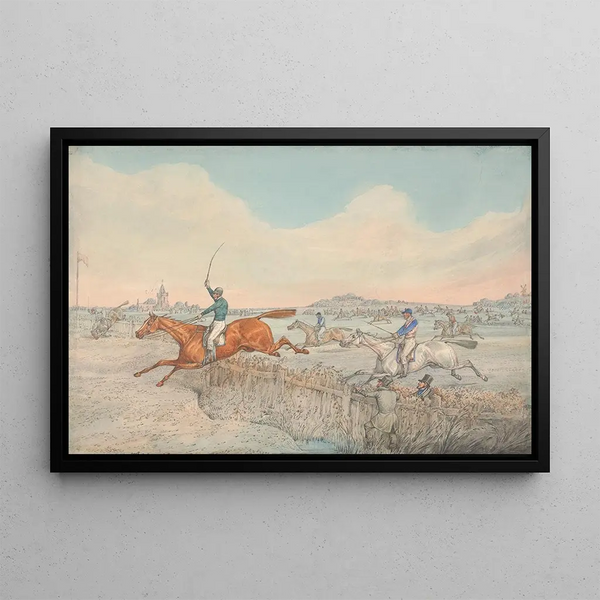 Steeplechase, Two jockeys jumping a wooden fence - Henry Thomas Alken — framed artwork on a wall