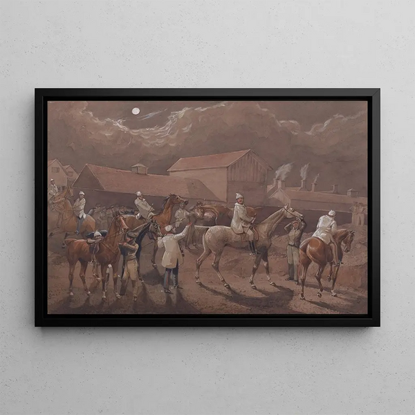 Les Cavaliers de Nuit de Nacton se Préparant à Partir pour Ipswich, le Lieu de l'Eau derrière les Casernes - Henry Thomas Alken — framed artwork on a wall