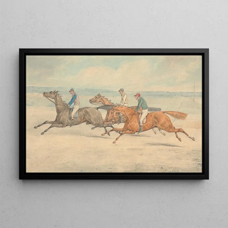 Three racehorses with jockeys galloping in a group to the left - Henry Thomas Alken — framed artwork on a wall
