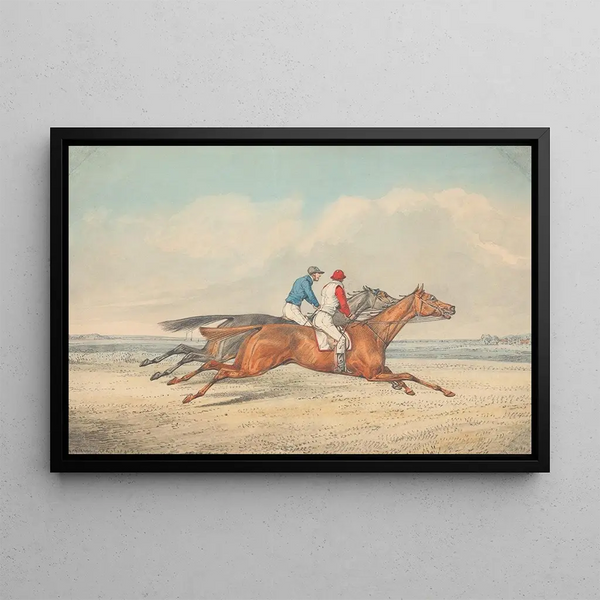 Two jockeys galloping side by side to the right - Henry Thomas Alken — framed artwork on a wall