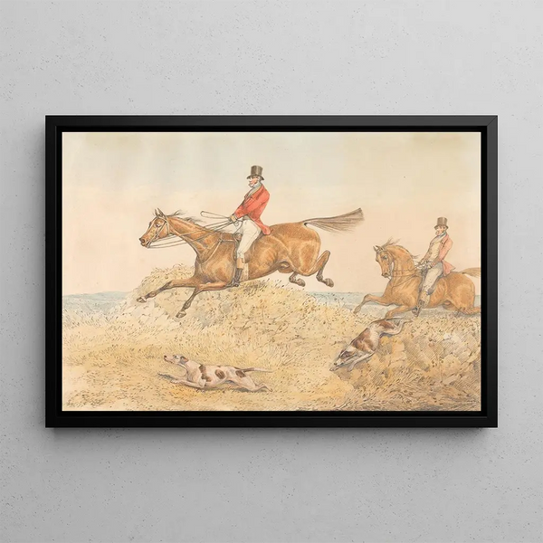 Two horsemen and a couple of dogs crossing a wall - Henry Thomas Alken — framed artwork on a wall
