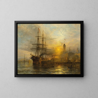 a Danish steamship moored at a lively quay - Henry Thomas Dawson — framed artwork on a wall