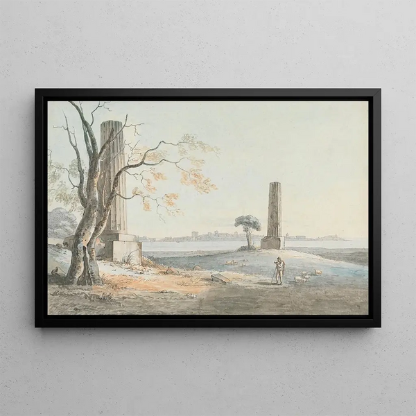 Vestiges of the Temple of Jupiter Olympian with a view of Ortygie Syracuse - Henry Tresham — framed artwork on a wall
