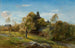 Landscape painting with a hidden church behind the trees - Henryk Grabowski — artwork view