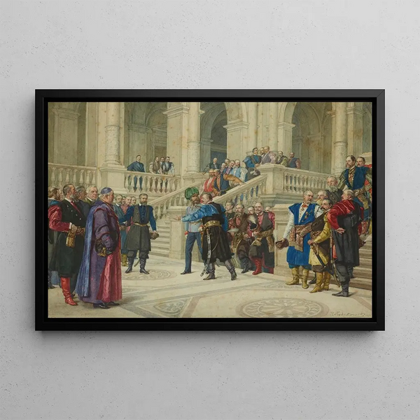 L'Empereur visitant la Diète de Galicie à Lviv de la série Voyage d'inspection de l'empereur François-Joseph Ier en Galicie en septembre 1880 - Henryk Rodakowski — framed artwork on a wall