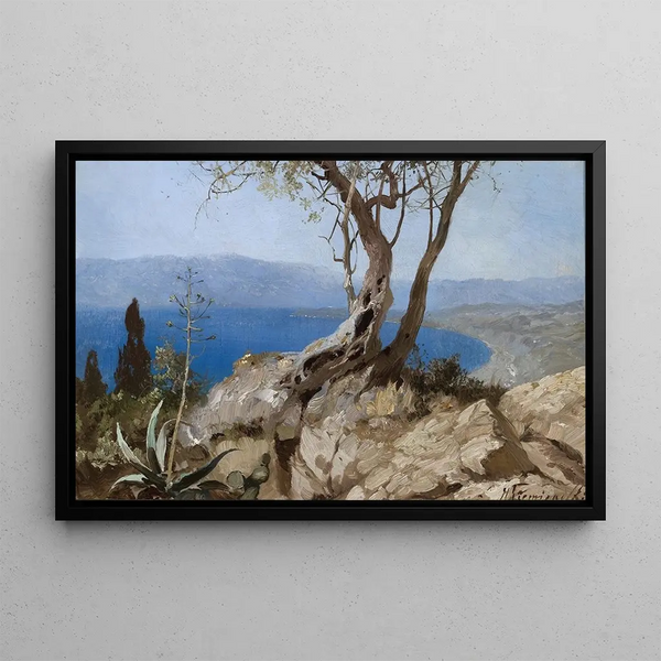 View of the lake with rocky edge, port view with rocky edge - Henryk Siemiradzki — framed artwork on a wall