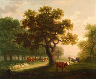 Landscape painting with cattle, sheep, and a distant figure - Herbert Pugh — artwork view