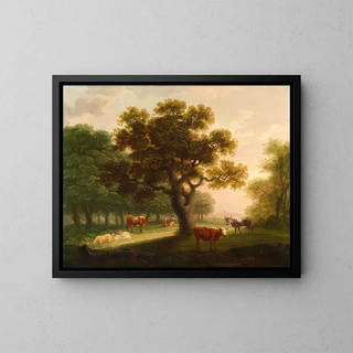 Landscape painting with cattle, sheep, and a distant figure - Herbert Pugh — framed artwork on a wall
