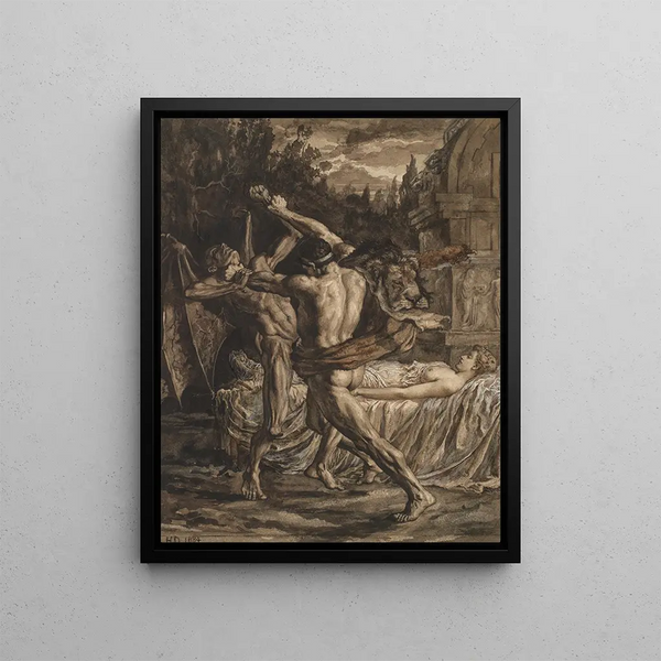 Hercule fighting Death for Alceste's soul - Herbert Thomas Dicksee — framed artwork on a wall