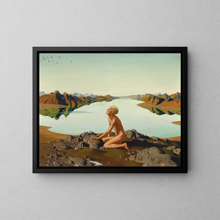 The bird's flight, boy by a mountain lake - Herbert von Reyl-Hanisch — framed artwork on a wall