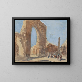 the Quwwat-ul-Islam Mosque and the Iron Pillar of Delhi in the Qûtb Minâr complex - Hercules Brabazon Brabazon — framed artwork on a wall