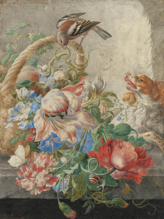 Herman Henstenburgh - A basket with flowers in a stone niche with a barking dog and a bird.webp