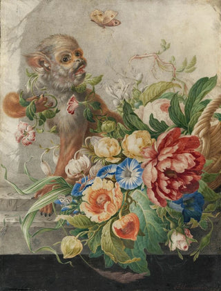 Herman Henstenburgh - A basket with flowers in a stone niche with a monkey and a butterfly.webp