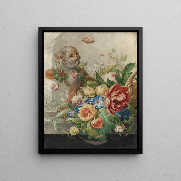 a basket with flowers in a stone niche with a monkey and a butterfly - Herman Henstenburgh — framed artwork on a wall
