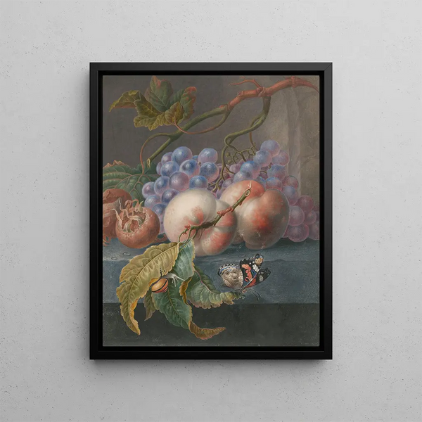 Fruits with a butterfly and a snail - Herman Henstenburgh — framed artwork on a wall