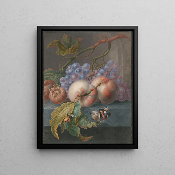 Fruit painting with a butterfly and a snail - Herman Henstenburgh — framed artwork on a wall