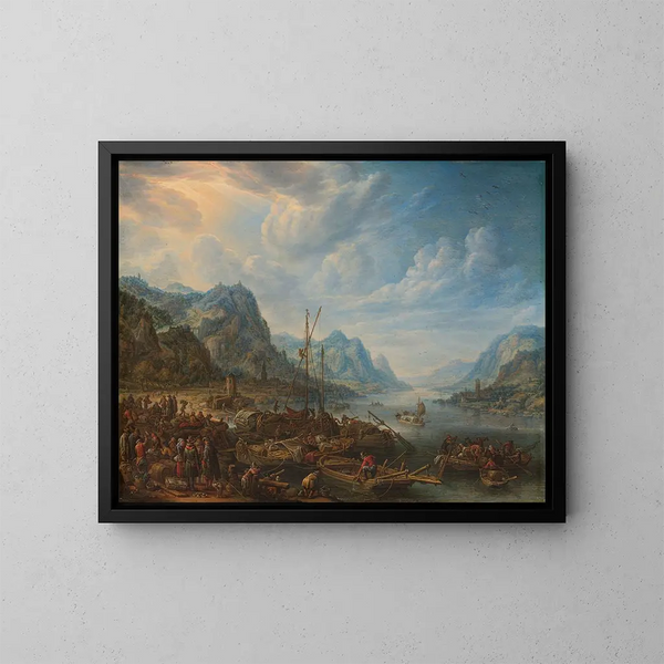 View of River with Landing Stage - Herman Saftleven — framed artwork on a wall