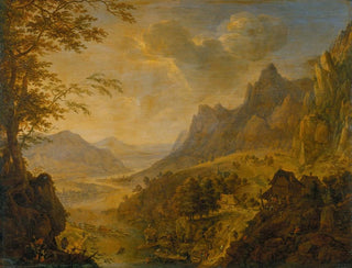 Mountain landscape painting with a river in the foreground and a village with several boats moored on the shore - Herman Saftleven III — artwork view
