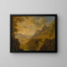 Mountain landscape painting with a river in the foreground and a village with several boats moored on the shore - Herman Saftleven III — framed artwork on a wall