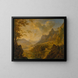 Mountain landscape painting with a river in the foreground and a village with several boats moored on the shore - Herman Saftleven III — framed artwork on a wall