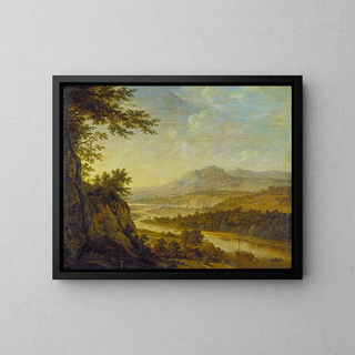 River landscape painting with cliff ascent - Herman Saftleven III — framed artwork on a wall