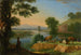 River landscape painting with goats and cattle, a farm beyond - Herman van Swanevelt — artwork view
