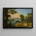 River landscape painting with goats and cattle, a farm beyond - Herman van Swanevelt — framed artwork on a wall