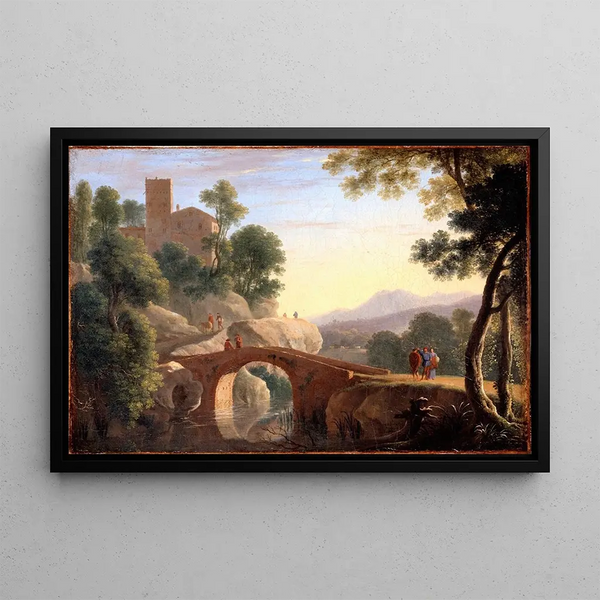 Italian landscape painting with bridge - Herman van Swanevelt — framed artwork on a wall