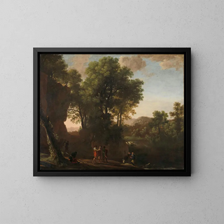 Landscape Painting with the Baptism of the Eunuch - Herman van Swanevelt — framed artwork on a wall