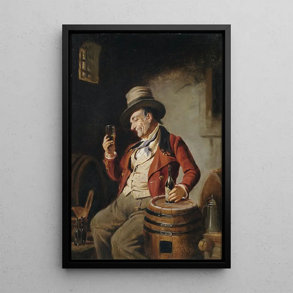 Drinker of wine in the barrel cellar - Hermann Kern — framed artwork on a wall