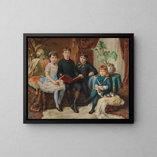 Four siblings on a polar bear skin rug - Hermann Nigg — framed artwork on a wall