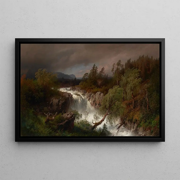 Cascade in Telemarken, Norway - Hermann Ottomar Herzog — framed artwork on a wall