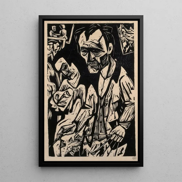 Self-portrait with brushes - Hermann Scherer — framed artwork on a wall