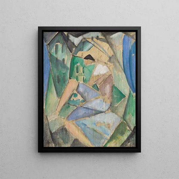 Cubist figure painting with houses - Hermann Stenner — framed artwork on a wall