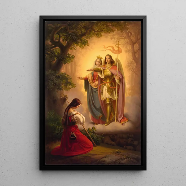 Apparition of Saints Catherine and Michael to Joan of Arc - Hermann Stilke — framed artwork on a wall