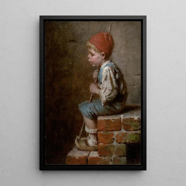 Boy sitting whistling - Hermann von Kaulbach — framed artwork on a wall
