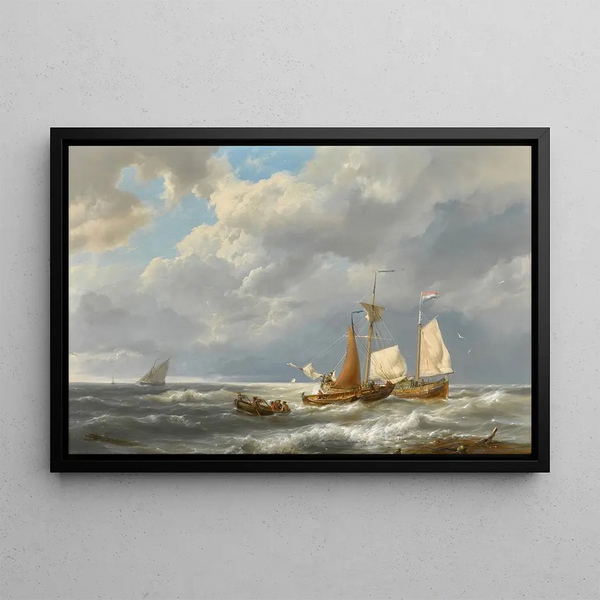 a Dutch barge offshore among small ships in strong wind - Hermanus Koekkoek — framed artwork on a wall