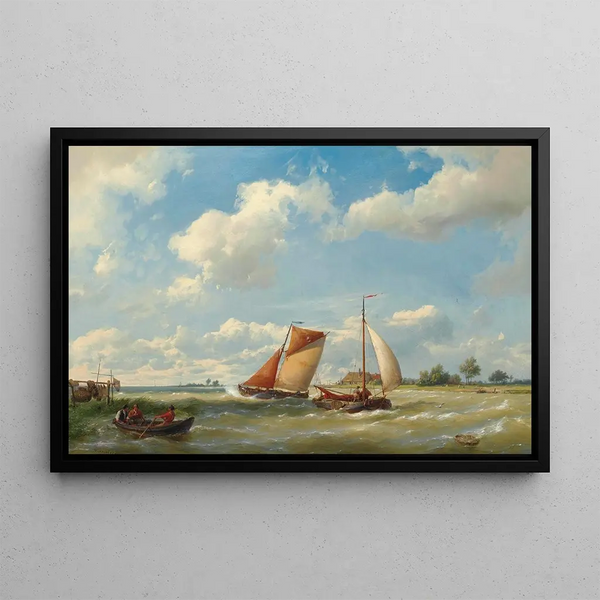 Dutch Barges Painting by Rough Sea - Hermanus Koekkoek — framed artwork on a wall
